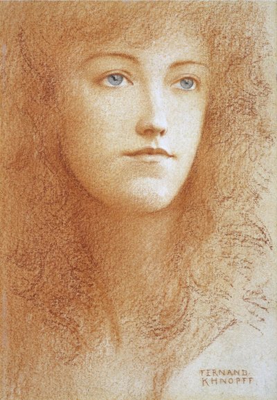 ""Porträtt av en ung engelsk kvinna"" Sanguine på papper av Fernand Khnopff (1858-1921) Cirka 1890 privat samling av Fernand Khnopff