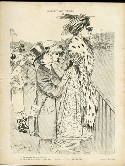 Illustration av Gottlob (1873-1935) i Le Lire, 21/12/07 - Resultat av lopp - Kärlek, mode, de rikas liv, hippism - kvinnor av Fernand Louis Gottlob