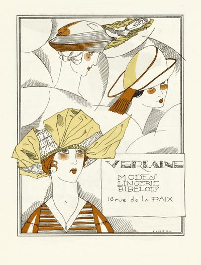 Annons för Verlaine, Modes, Underkläder, Bibelots, pub. 1914 (stenciltryck) av Fernand Siméon