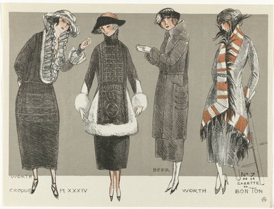 Gazette du Bon Ton, 1920 - nr 7, Croquis Pl XXXIV: Värd / Öl / Värd (titel på objekt) av Fernand Siméon
