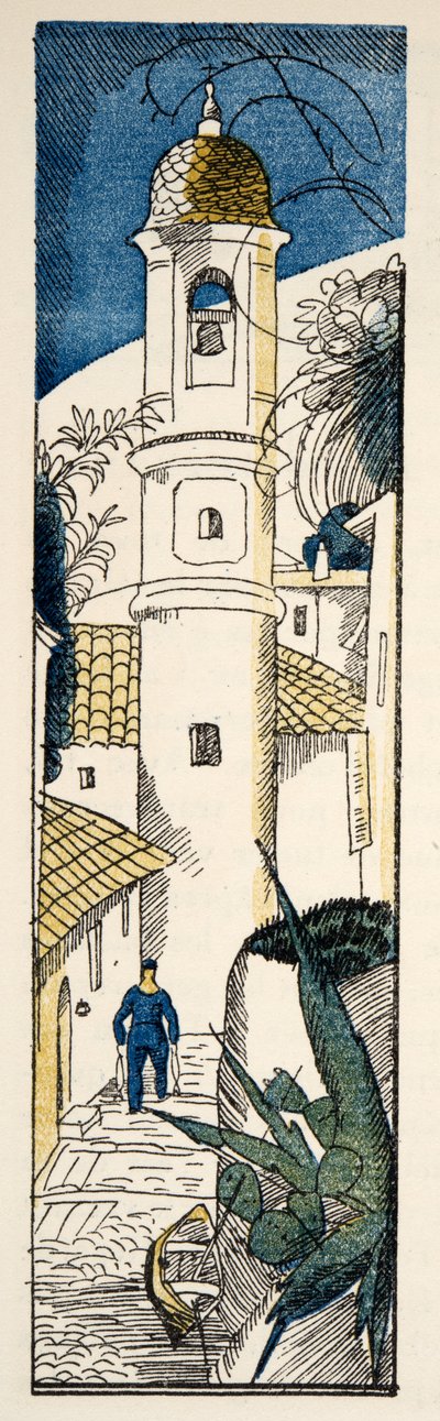 Gata i Antibes från Gazette de Bon Ton, pub. 1920 (stenciltryck) av Fernand Siméon