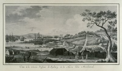 MALASPINA, Alejandro (1754-1809). Italiensk-spansk sjöfarare och upptäcktsresande; BRAMBILA, Fernando (1763-1834). Målare. Australien (18:e århundradet). Engelska kolonin New South Wales. Teckning av Fernando Brambila som illustrerar den vetenskapliga expe av Fernando Brambila