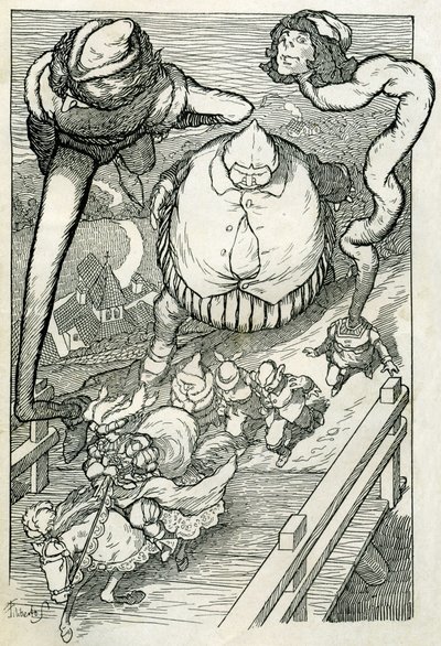 Fabler: Prinsen kommer in i staden följd av sina tjänare. Illustration av Filiberto Scarpelli till sagan "Tjänarna och prinsen" ur bröderna Grimms samling "Snövit och andra sagor". av Filiberto Scarpelli