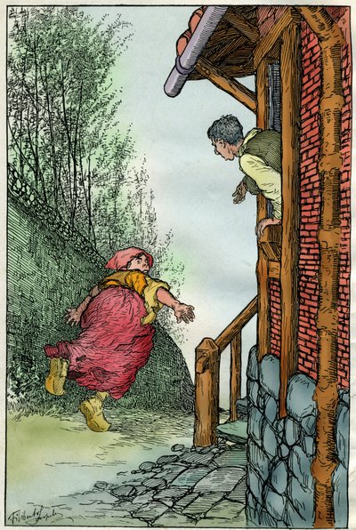 Illustration av Filiberto Scarpelli (1870-1933) till fabeln "Toniotta la stolta" (Toniotta la foolta) ur bröderna Grimms samling av fabler "Snövit och andra sagor", ca 1920. av Filiberto Scarpelli