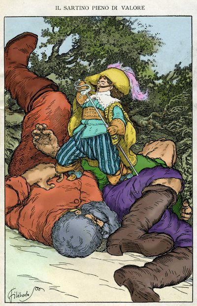 "Förbereda komedin, sa - han". Illustration av Filiberto Scarpelli till sagan "Den tappre skräddaren" ur bröderna Jacob och Wilhelm Grimms samling av fabler "Snövit och andra sagor". av Filiberto Scarpelli