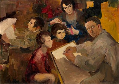 Självporträtt med familj - Målning av Filipp Andreyevich Maliavin (Maliavine) (eller Andreyevich Malyavin) (1869-1940), olja på duk (46,5x64,5 cm), rysk konst, sent 1800-tidigt 1900-tal - Privat samling av Filipp Andreevich Maliavin