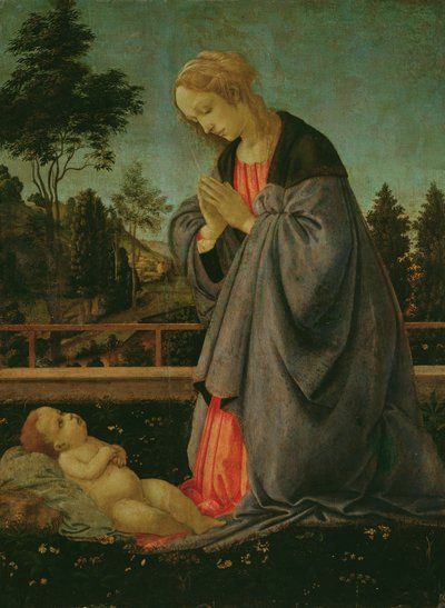 Tillbedjan av barnet (tempera på panel) av Filippino Lippi