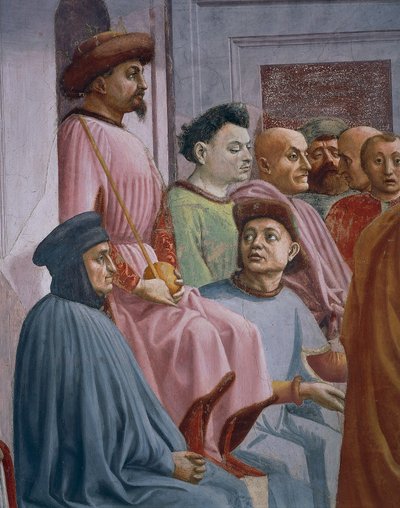 Miracle of Theophilus, detalj från The Raising of the Son of Theophilus, av Tommaso Masaccio, fresk av Filippino Lippi