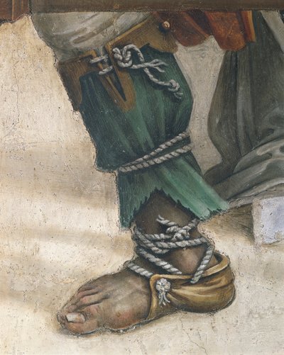 Saint John Evangelist Resuscitating Drusiana av Filippino Lippi, detalj av skor, fresk av Filippino Lippi