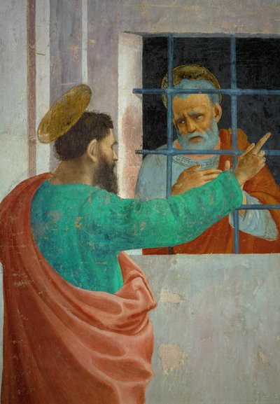 Sankt Paulus besöker Sankt Petrus i fängelset, från den nedre raden av väggmålningar i familjen Brancaccis privata kapell (fresco) av Filippino Lippi