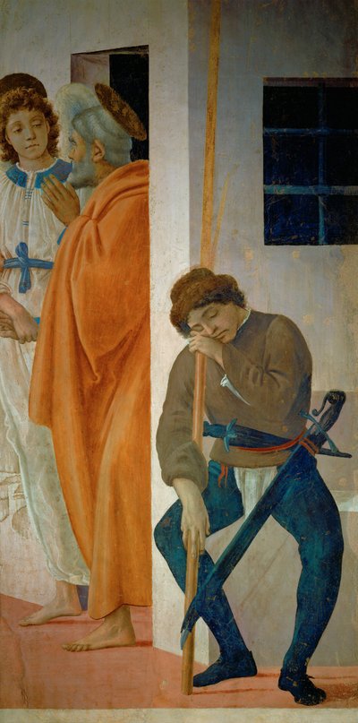 Sankt Petrus leds ut ur fängelset av en ängel, förbi en av kung Herodes sovande vakter (fresk) av Filippino Lippi