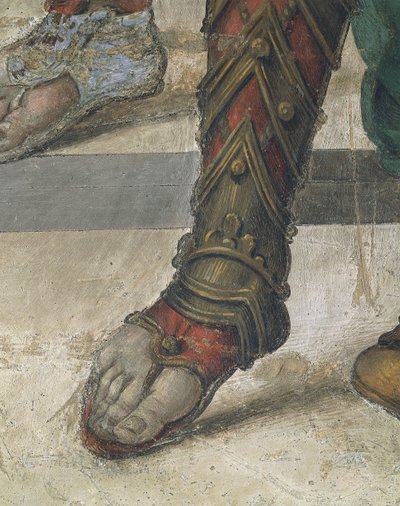 Saint Philip Driving Dragon från Temple of Hieropolis av Filippino Lippi, detalj på skor, fresk av Filippino Lippi