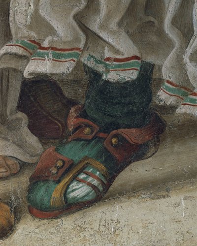 Saint Philip Driving Dragon från Temple of Hieropolis, detalj av skor, fresk av Filippino Lippi