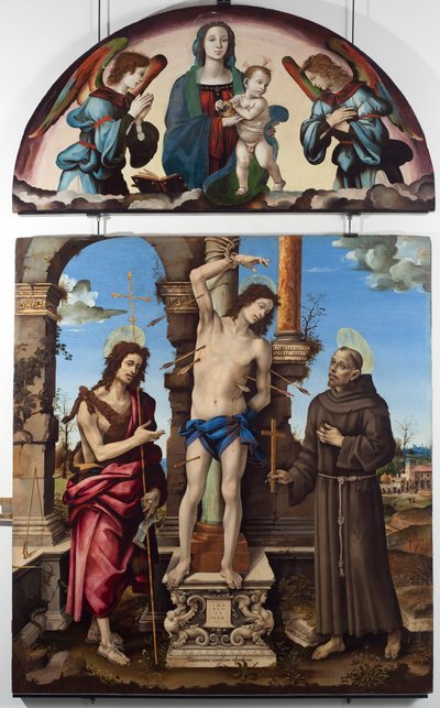 Saint Sebastian omgiven av Saint John the Baptist och Saint Francois of Assisi Central panel. Up virgin har barn. Målning på trä av Filippo Lippi (1451-1504) Dim. 298x185 cm Musei di Strada Nuova (ex Palazzo Bianco), gener av Filippino Lippi