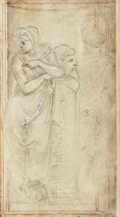 Två draperade kvinnor som står på vardera sidan av en Herm av Filippino Lippi