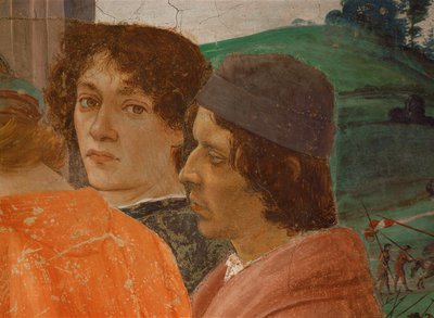 Två ungdomar tittar på korsfästelsen av Sankt Peter (väggmålning) av Filippino Lippi