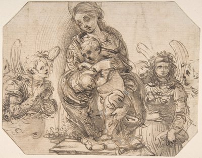 Jungfru och barn deltog av änglar, 145758-1504. av Filippino Lippi.