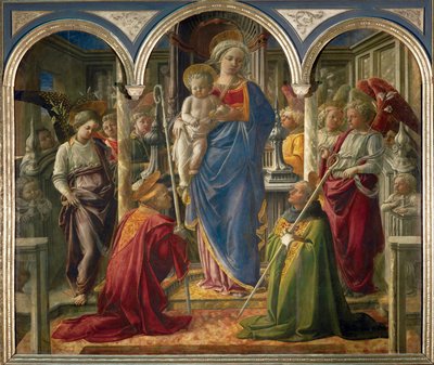 Madonna och barn med änglar, och Saints Frediano och Augustine, kallad "Pala Barbadori" ... av Filippo (workshop of) Lippi