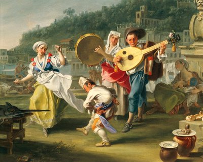 Tarantella i Mergellina, ca 1750, av Filippo Falciatore (aktiv 1737-1768), olja på duk, 76,2x102 cm, Detalj, Italien av Filippo Falciatore