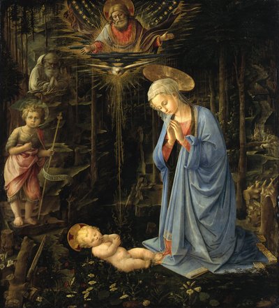 Jungfrun som tillber barnet / Tillbedjan i skogen, Den heliga familjen med den unge Johannes av Filippo Lippi