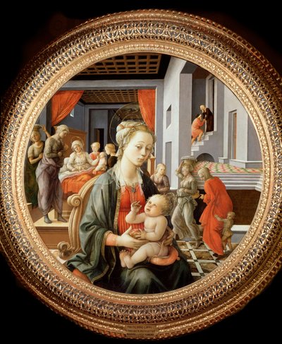 Jungfru med barn och scener ur St Annes liv - olja på panel, c.1450 av Filippo Lippi