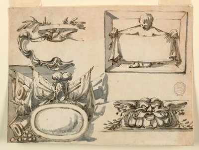 Ritning, En vapensköld, en trofé, en etikett, ett dekorativt motiv för en fris, 1750-75 av Filippo Marchionni