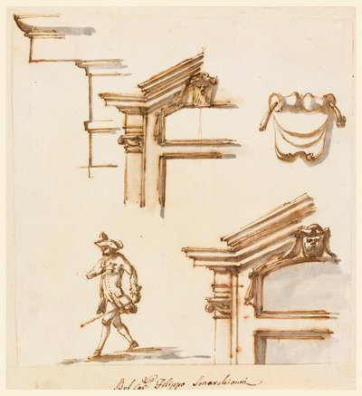 Ritning, arkitektoniska detaljer och figurstudie, 1760-75 av Filippo Marchionni