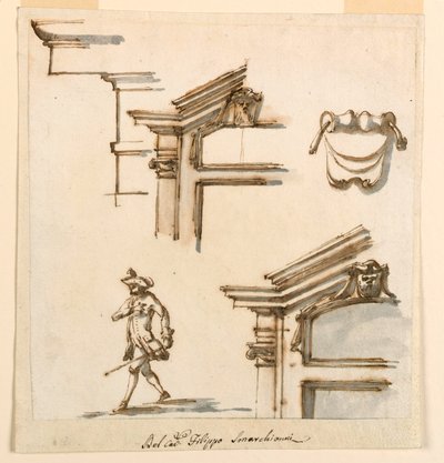 Ritning, arkitektoniska detaljer och figurstudie, 1760-75 av Filippo Marchionni