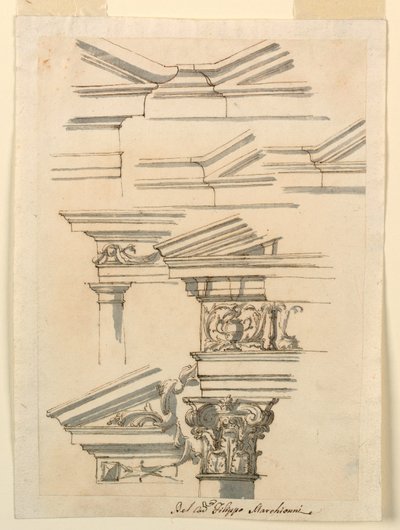 Teckning, Studier till entablement och fronton, ca 1770 av Filippo Marchionni