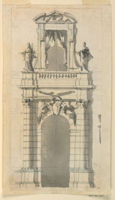 Ritning, Upphöjning av nedre mittpartiet av en stadsvilla, 1770-85 av Filippo Marchionni