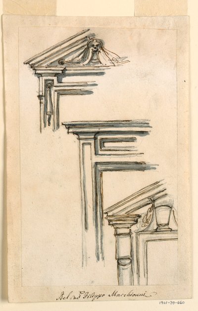 Teckning, Tre fönster- eller dörrfodral, ca 1770 av Filippo Marchionni