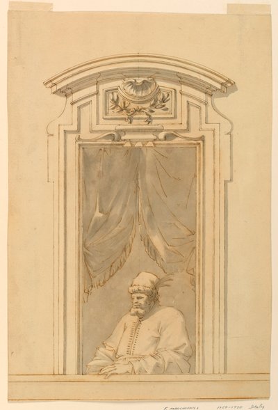Teckning, Fönsterfodral och halvfigur av turk, 1750-70 av Filippo Marchionni