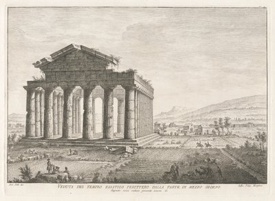 Utsikt över Peripteral Hexastyle Temple från söder, från Antichit? av Pesto (Paestums antikviteter) av Filippo Morghen