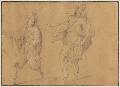 En springande figur med manteln över huvudet, och en stående man med hatt och stav av Filippo Paladini