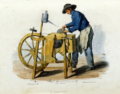 Småföretag i staden Neapel: en knivslipare. Gravyr efter målning av F. Palizza. Från ett verk av Francesco de Bourcard "" Costumi del regno di Napoli"" av Filippo Palizzi