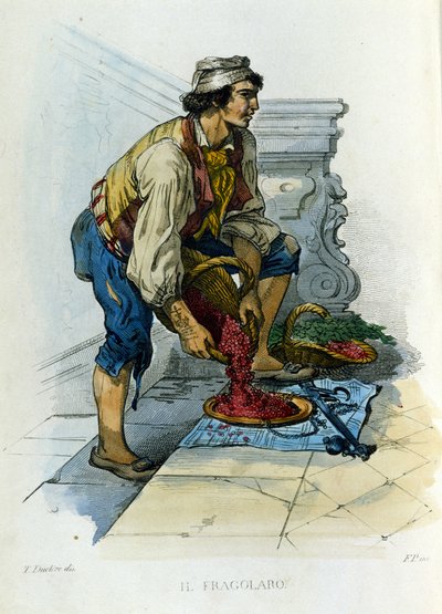 Småföretag i staden Neapel: "fragolaro", en napolitansk jordgubbshandlare. Gravyr efter målning av F. Palizza. Från ett verk av Francesco de Bourcard "" Costumi del regno di Napoli"" av Filippo Palizzi