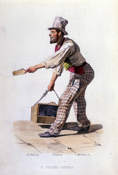 Småföretag i staden Neapel: skoputsaren. Gravyr efter målning av F. Palizza. Från ett verk av Francesco de Bourcard "" Costumi del regno di Napoli"" av Filippo Palizzi