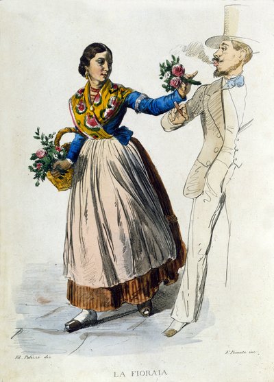 Småföretag i staden Neapel: ung florist som sköter en bukett till en elegant man. Gravyr efter målning av F. Palizza. Från ett verk av Francesco de Bourcard "" Costumi del regno di Napoli"" av Filippo Palizzi