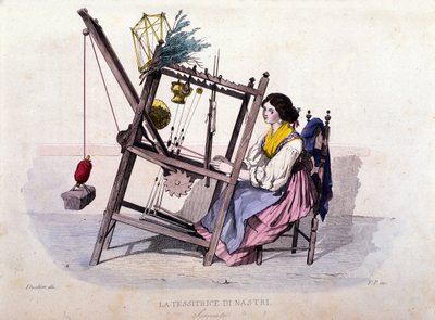 Småföretag i kungariket Neapel: ung kvinna från Sorrento som väver band. Gravyr efter målning av F. Palizza. Från ett verk av Francesco de Bourcard "" Costumi del regno di Napoli"" av Filippo Palizzi