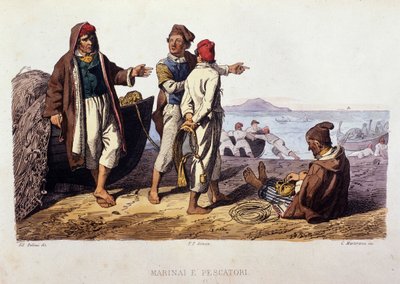 Liten metier av kungariket Neapel: sjömän och fiskare. Gravyr efter målning av F. Palizza. Från ett verk av Francesco de Bourcard "" Costumi del regno di Napoli"" av Filippo Palizzi