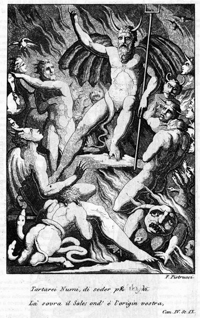 Illustration av en scen av "The Jerusalem Delivree" av Torquato Tasso (känd som Muggen). "" Tartarei Numi, att sitta mer värdig över solen ... "" Canto IV. Illustration av Filippo PISTRUCCI (1782-1859). av Filippo Pistrucci
