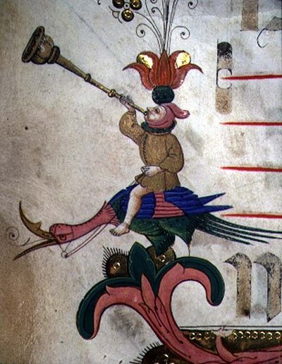 Missal 515 f.9r Figur som blåser i horn, monterad på en fågel med sele, detalj av dekorativ bård från en körbok utförd före 1449 (detalj av 88907) av Filippo di Matteo Torelli