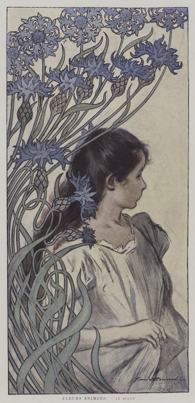 Fleurs Animees. Le Bluet. (Animerade blommor: Kornblomman) (färglitografi) av Firmin (after) Bouisset