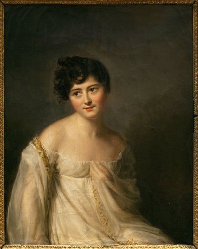 Porträtt av Juliette Recamier (1777-1849) känd som Madame Recamier. Målning av Firmin Massot (1766-1849), olja på duk, cirka 1807. Fransk konst av Firmin Massot