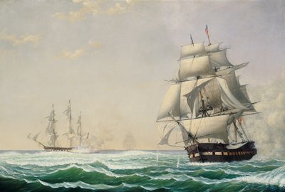 Förenta staternas fregattpresident engagerar den brittiska skvadronen 1815, 1850 av Fitz Henry Lane