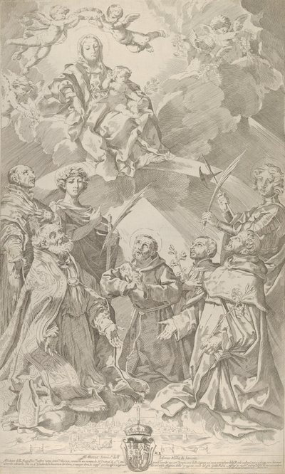 Skyddshelgon för Bologna tittar uppåt på Jungfrun som sitter i molnen med..., 1640-50. av Flaminio Torre