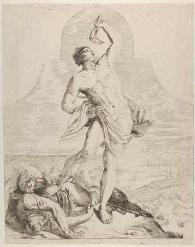 Simson håller käkbenet av en åsna över huvudet och står bredvid filierna..., ca. 1640-60. av Flaminio Torre