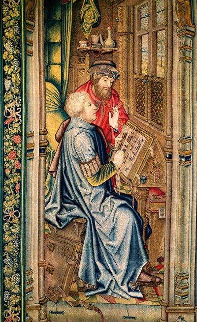 En skriftlärde som skriver en redogörelse, detalj från Transporten av förbundsarken, från Davids och Batsebas gobeläng, ca 1510-15 av Flemish School