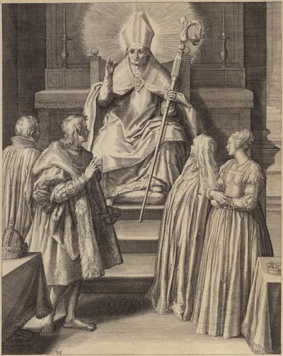 En figur i biskopskläder sitter på tronen med en gloria som kommer från hans huvud av Flemish School