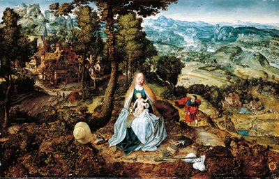Ett vidsträckt landskap med The Rest on the Flight to Egypt, Antwerpen skola, c.1520 av Flemish School